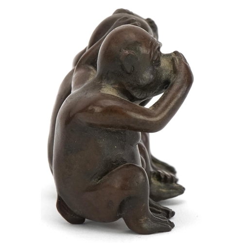 364 - Chinese brown patinated bronze figure group of the Three Wise Monkeys, 20th century, 5.5cm high x 10... 