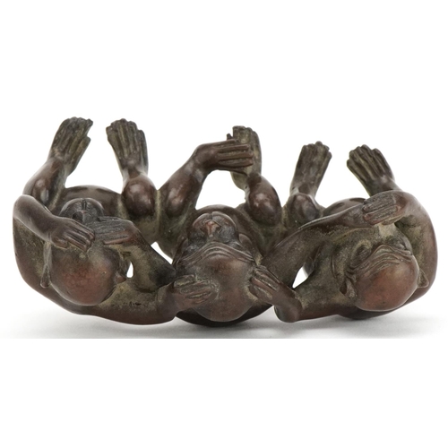 364 - Chinese brown patinated bronze figure group of the Three Wise Monkeys, 20th century, 5.5cm high x 10... 