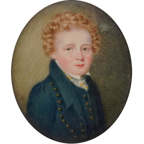 79 - Early 19th century oval miniature portrait of a young man, watercolour on board within an ebonised f... 