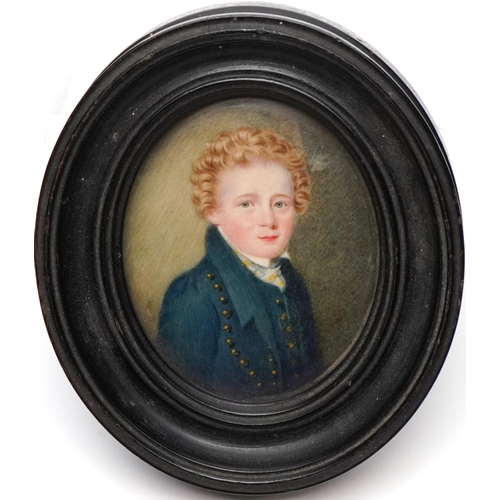 79 - Early 19th century oval miniature portrait of a young man, watercolour on board within an ebonised f... 