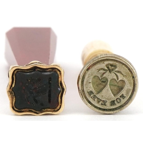 75 - Victorian silver gilt and bloodstone seal, 4.5cm high, together with a 19th century turned bone seal... 