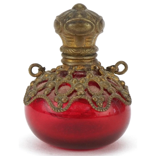 4 - Victorian cranberry glass and gilt metal mounted scent bottle, 4cm high