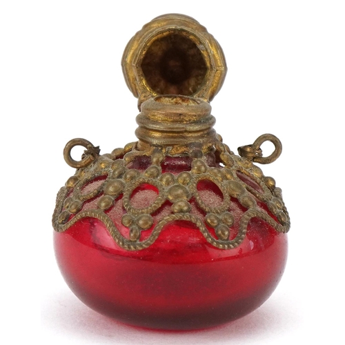 4 - Victorian cranberry glass and gilt metal mounted scent bottle, 4cm high