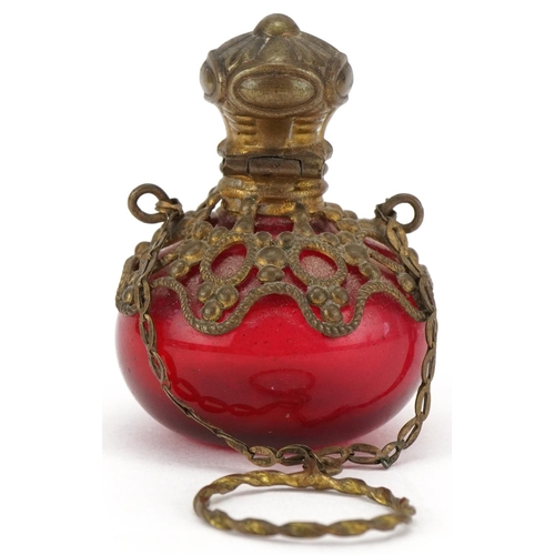 4 - Victorian cranberry glass and gilt metal mounted scent bottle, 4cm high