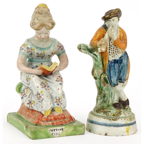 315 - Two 18th century Staffordshire Prattware figures, one modelled as a man playing a horn, the other a ... 