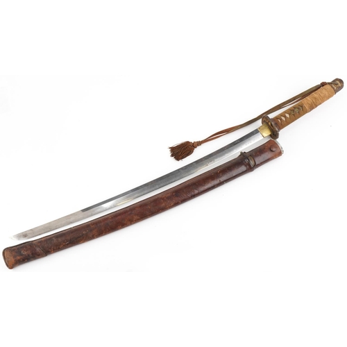 2727 - World War II period Japanese katana with curved single-edged blade, with cord-bound shark skin cover... 