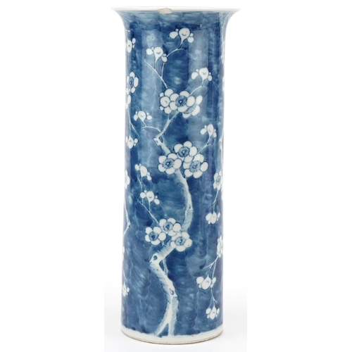 52 - Chinese blue and white porcelain cylindrical vase, Qing dynasty, decorated with apple blossom, beari... 