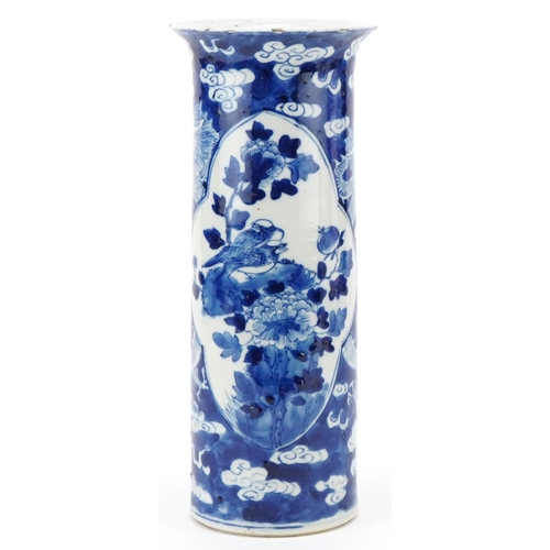 49 - Chinese blue and white porcelain cylindrical vase, Qing dynasty, decorated with birds amongst flower... 