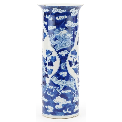 49 - Chinese blue and white porcelain cylindrical vase, Qing dynasty, decorated with birds amongst flower... 