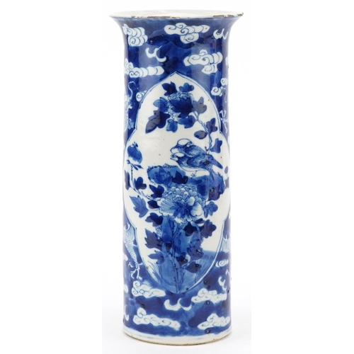 49 - Chinese blue and white porcelain cylindrical vase, Qing dynasty, decorated with birds amongst flower... 