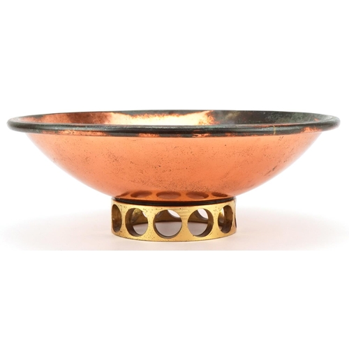 60 - Mid to late 20th century Arts & Crafts style copper and brass circular footed bowl, possibly by Sam ... 