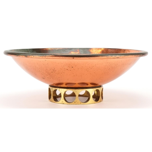 60 - Mid to late 20th century Arts & Crafts style copper and brass circular footed bowl, possibly by Sam ... 