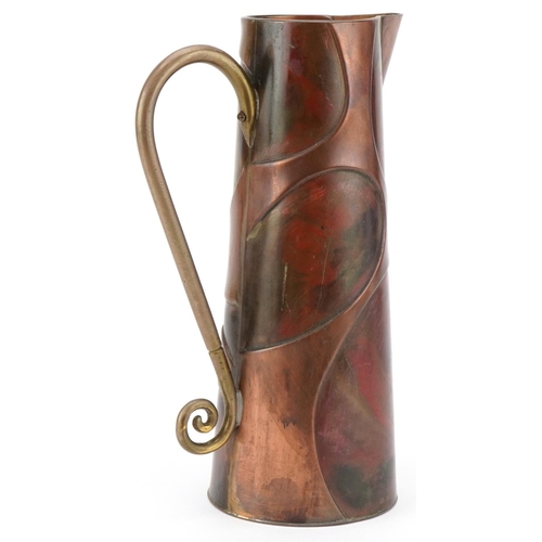 58 - Mid to late 20th century Art Nouveau style copper jug by Sam Fanaroff with painted decoration, beari... 