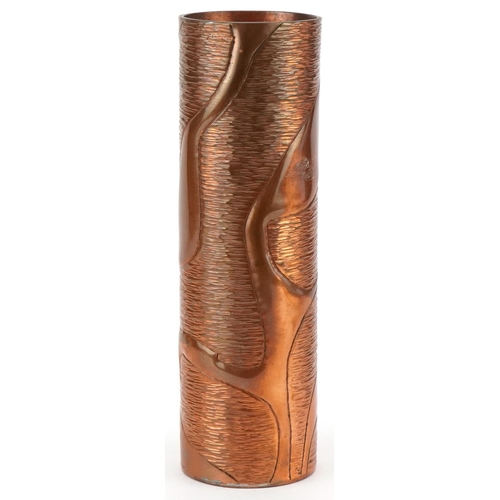 59 - Mid to late 20th century Arts & Crafts style copper cylindrical vase, possibly by Sam Fanaroff, 24cm... 