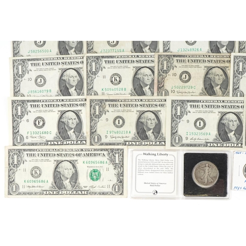 2234 - Thirty American one dollar notes, ten dollar note and four silver American coins including Morgan do... 