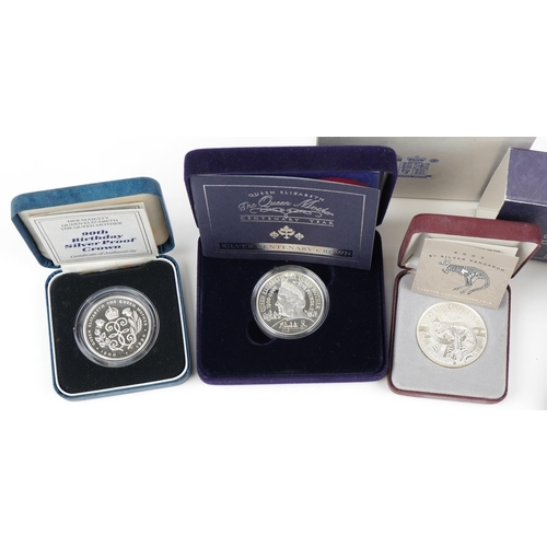 2178 - Four silver British coins to include The Queen Mother's 90th Birthday and Queen Mother Centenary sil... 