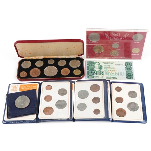 2181 - coin sets comprising 1967 British proof set, Britains first decimal coins in sleeves, cased 1953 Que... 