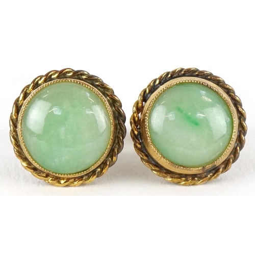 3249 - Pair of unmarked gold cabochon green jade earrings, 10.5mm in diameter, total 2.3g