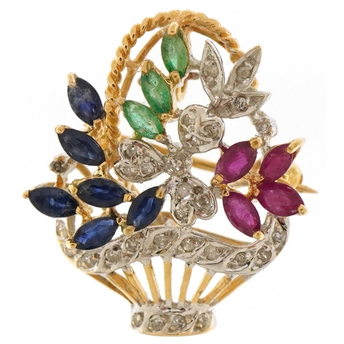 3020 - 18ct gold multi gem brooch in the form of a basket of flowers set with diamonds, rubies, sapphires a... 