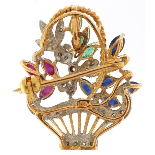 3020 - 18ct gold multi gem brooch in the form of a basket of flowers set with diamonds, rubies, sapphires a... 