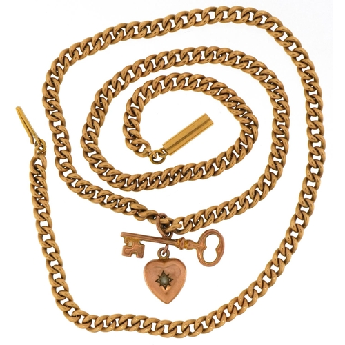 3206 - Unmarked gold watch chain design necklace with a 9ct rose gold key and love heart pendant set with a... 