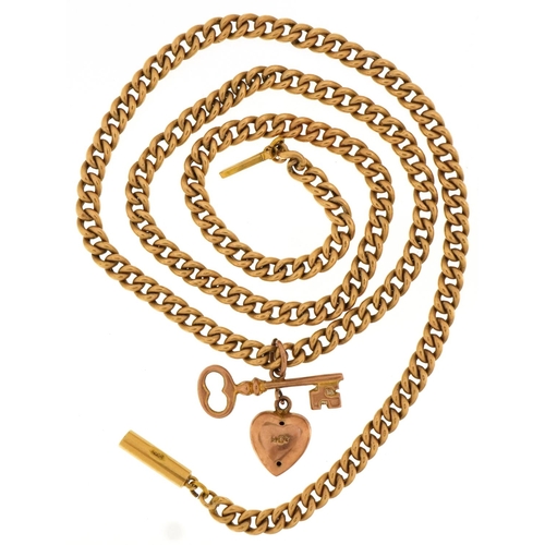 3206 - Unmarked gold watch chain design necklace with a 9ct rose gold key and love heart pendant set with a... 