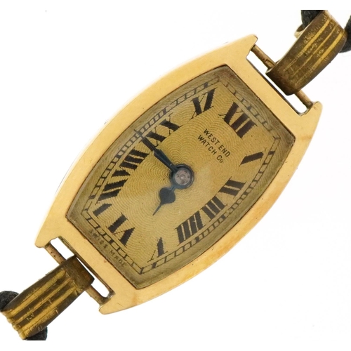 3265 - West End Watch Co, ladies Art Deco 18ct gold manual wind wristwatch with black cord strap, the case ... 