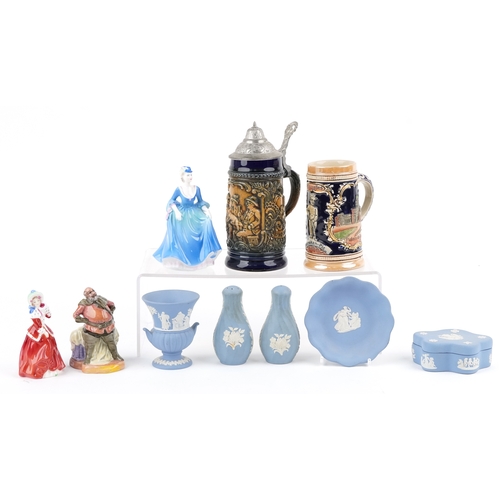 523 - Three Royal Doulton figure, five Wedgwood Jasperware items and two German tankards.