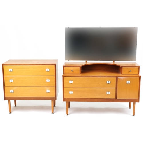 1061 - Late 20th century golden teak veneered dressing table and matching chest of three drawers, the dress... 