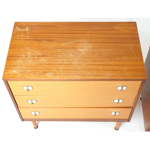 1061 - Late 20th century golden teak veneered dressing table and matching chest of three drawers, the dress... 