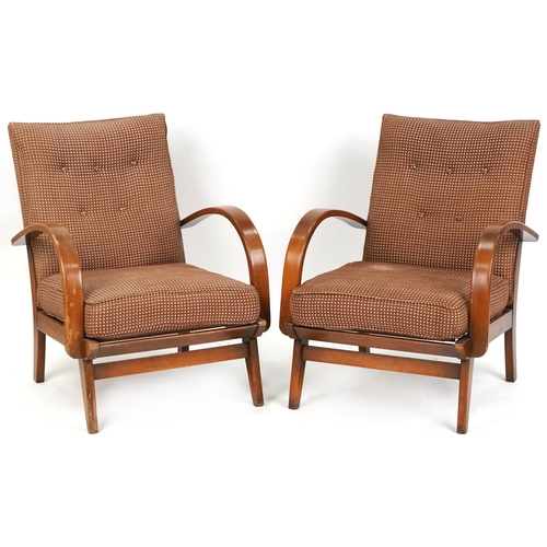 1088 - Pair of mid 20th century bentwood armchairs with upholstered seats and backs, 82cm H x 64cm W x 77cm... 