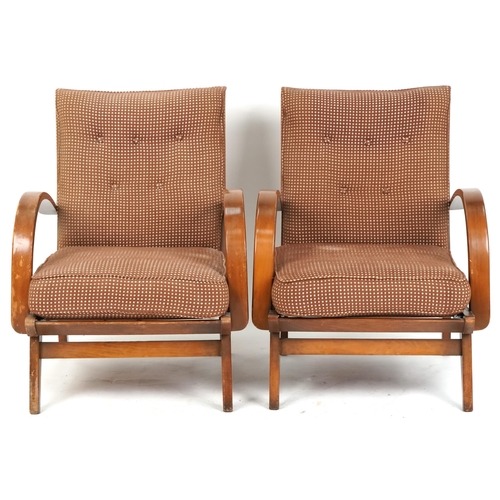 1088 - Pair of mid 20th century bentwood armchairs with upholstered seats and backs, 82cm H x 64cm W x 77cm... 