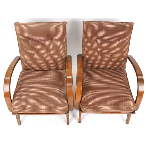 1088 - Pair of mid 20th century bentwood armchairs with upholstered seats and backs, 82cm H x 64cm W x 77cm... 