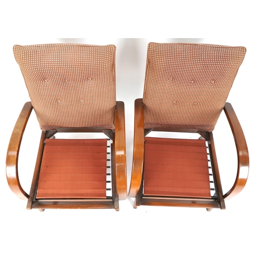 1088 - Pair of mid 20th century bentwood armchairs with upholstered seats and backs, 82cm H x 64cm W x 77cm... 