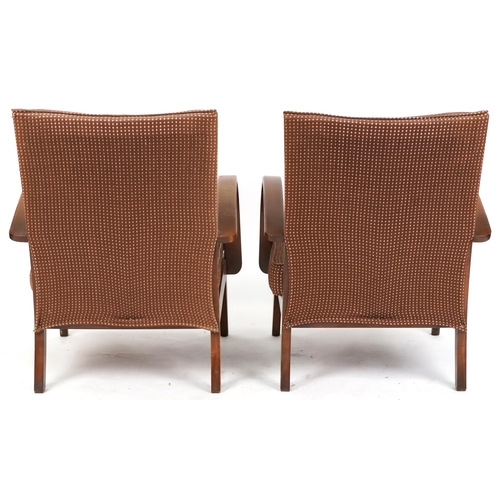 1088 - Pair of mid 20th century bentwood armchairs with upholstered seats and backs, 82cm H x 64cm W x 77cm... 