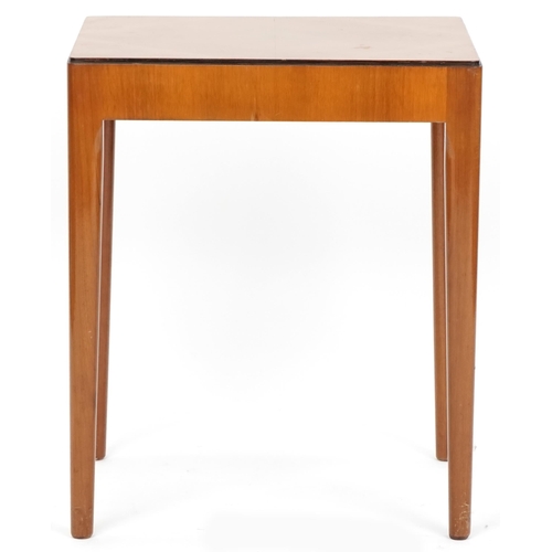 1045 - Art Deco walnut lamp table, the quarter veneered top raised on tapering legs, 61cm H x 51cm W x 41cm... 