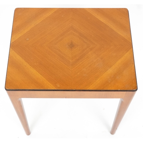 1045 - Art Deco walnut lamp table, the quarter veneered top raised on tapering legs, 61cm H x 51cm W x 41cm... 