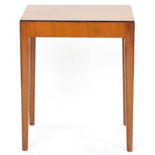 1045 - Art Deco walnut lamp table, the quarter veneered top raised on tapering legs, 61cm H x 51cm W x 41cm... 