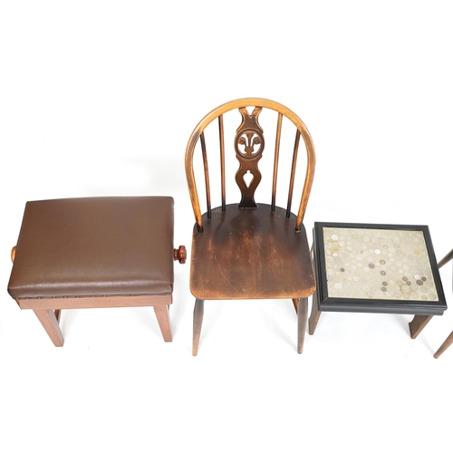 1075 - Late 20th century adjustable piano stool together with a sewing box footstool and a footstool with i... 