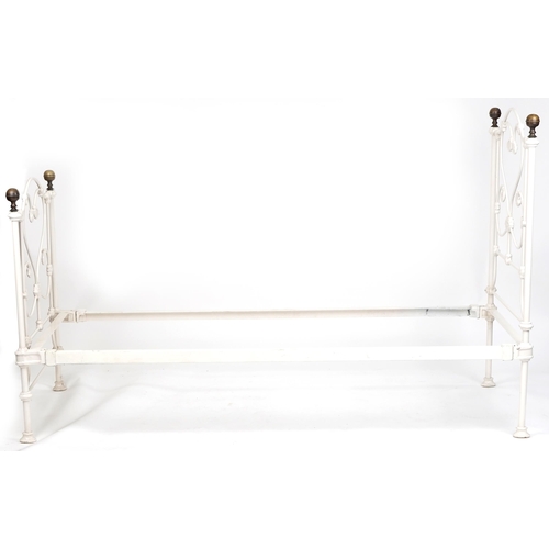 1095 - Victorian style white painted cast and wrought iron single bed frame with brass finials, H-126cm W-9... 