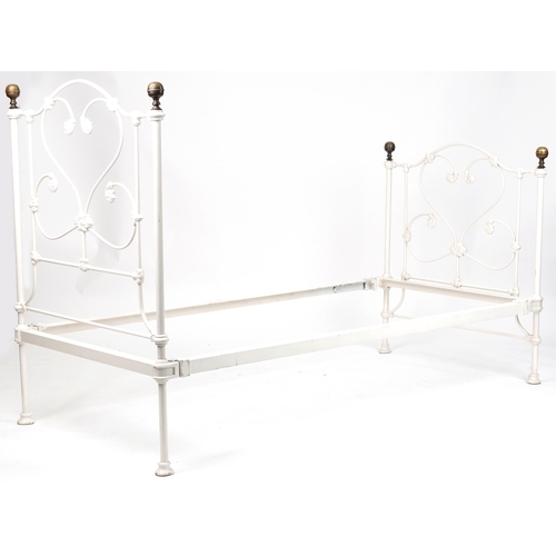 1095 - Victorian style white painted cast and wrought iron single bed frame with brass finials, H-126cm W-9... 