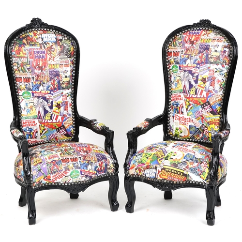 1086 - Pair of late Victorian ebonised child's chairs later upholstered in modern Marvel leatherette fabric... 