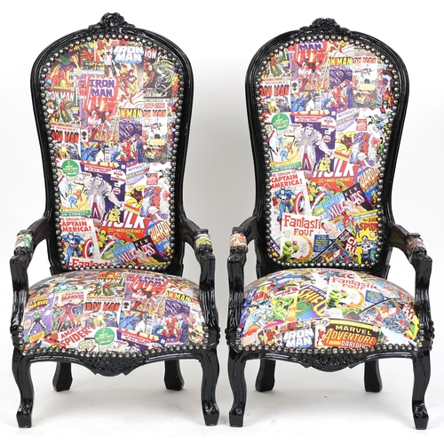 1086 - Pair of late Victorian ebonised child's chairs later upholstered in modern Marvel leatherette fabric... 