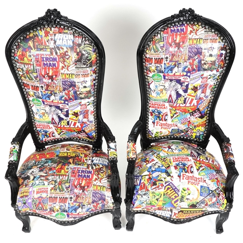 1086 - Pair of late Victorian ebonised child's chairs later upholstered in modern Marvel leatherette fabric... 