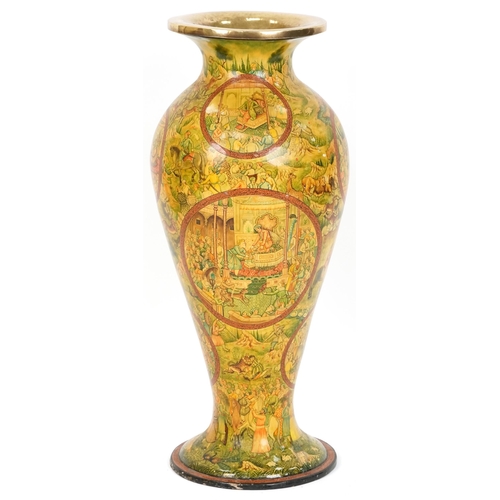 1084 - Large 20th century Indian brass floor vase painted with figures and animals within landscapes on a t... 