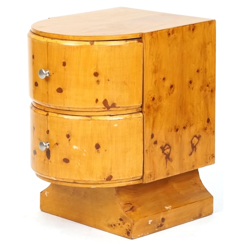 1077 - Late 20th century Art Deco style maple veneered bedside cabinet with two drawers on a plinth base, 5... 