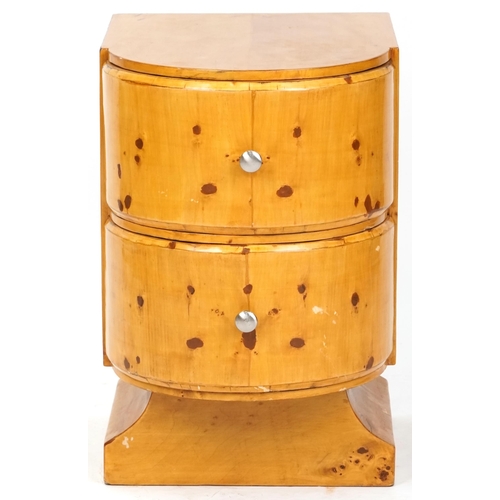 1077 - Late 20th century Art Deco style maple veneered bedside cabinet with two drawers on a plinth base, 5... 