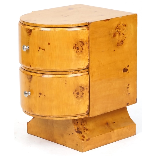 1076 - Late 20th century Art Deco style maple veneered bedside cabinet with two drawers on a plinth base, 5... 