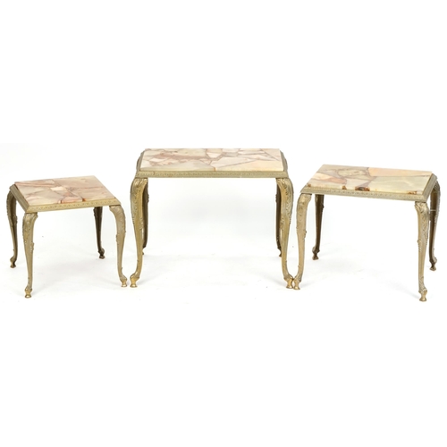 1072 - Nest of three gilt metal and reconstituted marble tables on scrollwork legs, 43cm H x 57cm W x 35cm ... 