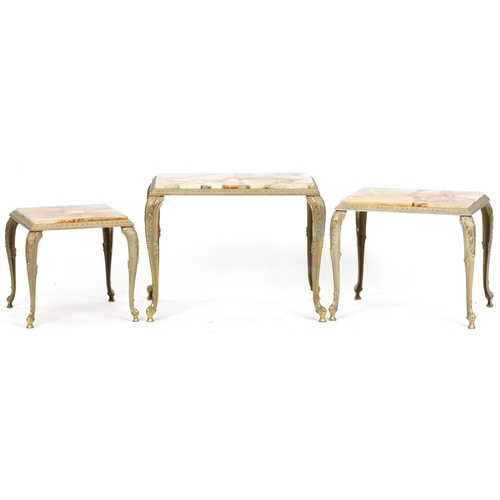 1072 - Nest of three gilt metal and reconstituted marble tables on scrollwork legs, 43cm H x 57cm W x 35cm ... 